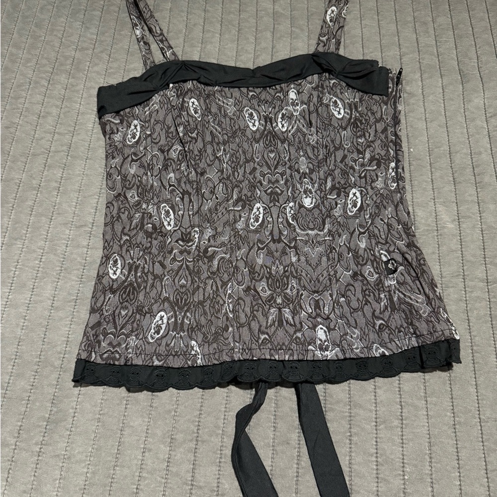 Tripp NYC black gray skull corset top